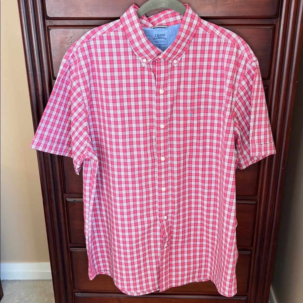 Izod Saltwater Relaxed Classic Short Sleeve Button Down Pink Plaid Shirt XL